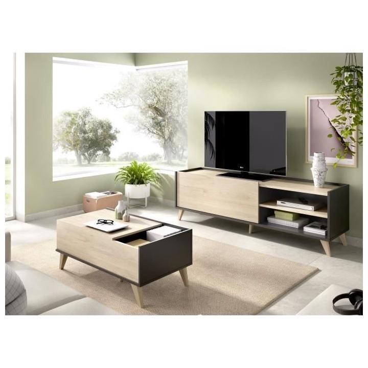Ensemble salon NESS : Meuble TV + Table basse relevable - Mélaminé -