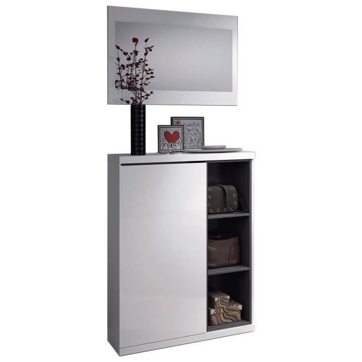 Meuble a chaussures + miroir - Mélaminé blanc et anthracite - 1 port