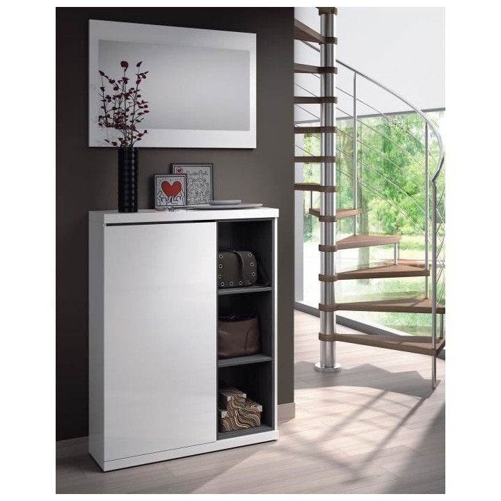 Meuble a chaussures + miroir - Mélaminé blanc et anthracite - 1 port