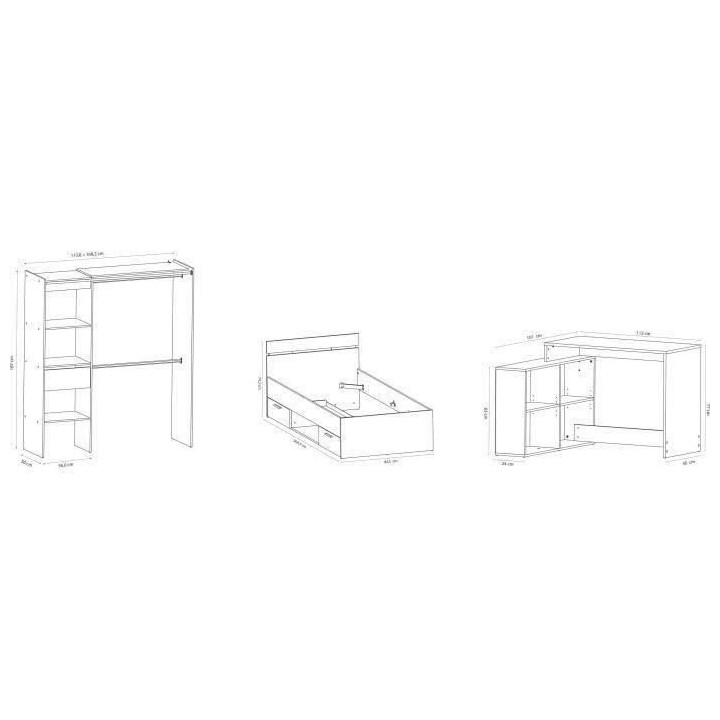 Chambre complete enfant Lila - Lit + bureau + dressing - Blanc - DEMEY