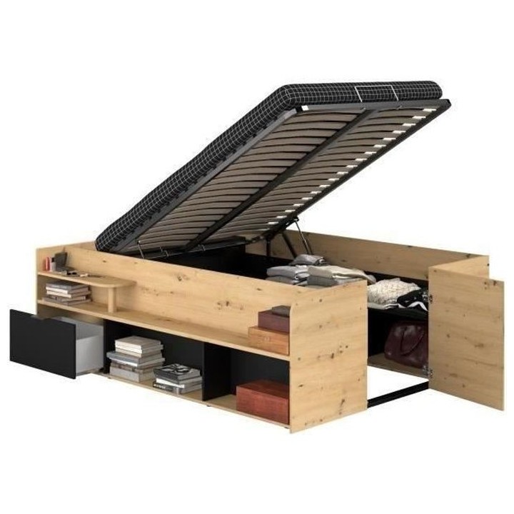 ODYSSEE Lit adulte - 140x200 cm - Avec coffre relevable - Décor chene