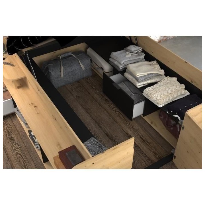 ODYSSEE Lit adulte - 140x200 cm - Avec coffre relevable - Décor chene