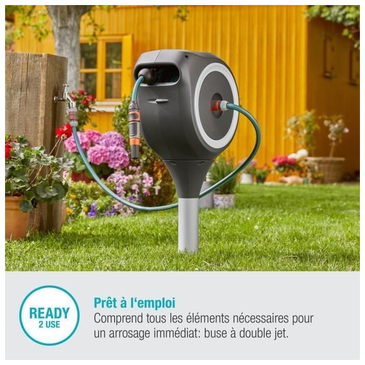 Dévidoir automatique GARDENA RollUp S 15m liseret blanc - Kit complet