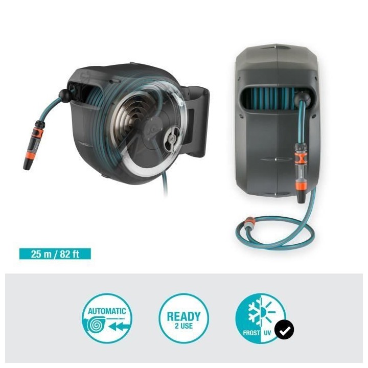GARDENA Dévidoir automatique mural RollUp M/L liseret blanc – Longu
