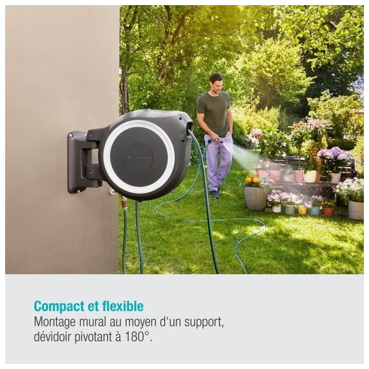 GARDENA Dévidoir automatique mural RollUp M/L liseret blanc – Longu