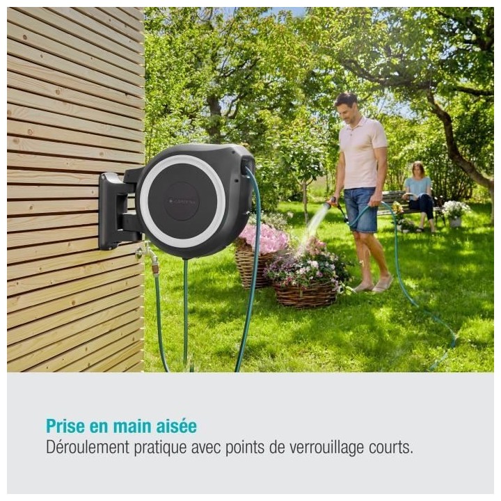 GARDENA Dévidoir automatique mural RollUp M/L liseret blanc – Longu