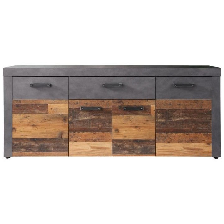 Buffet bas INDY 4 Portes et 1 Tiroir - Mélaminé bois vieilli et gris