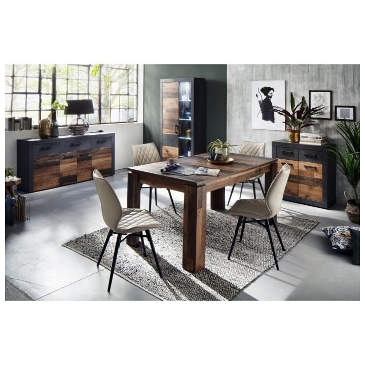 Buffet bas INDY 4 Portes et 1 Tiroir - Mélaminé bois vieilli et gris