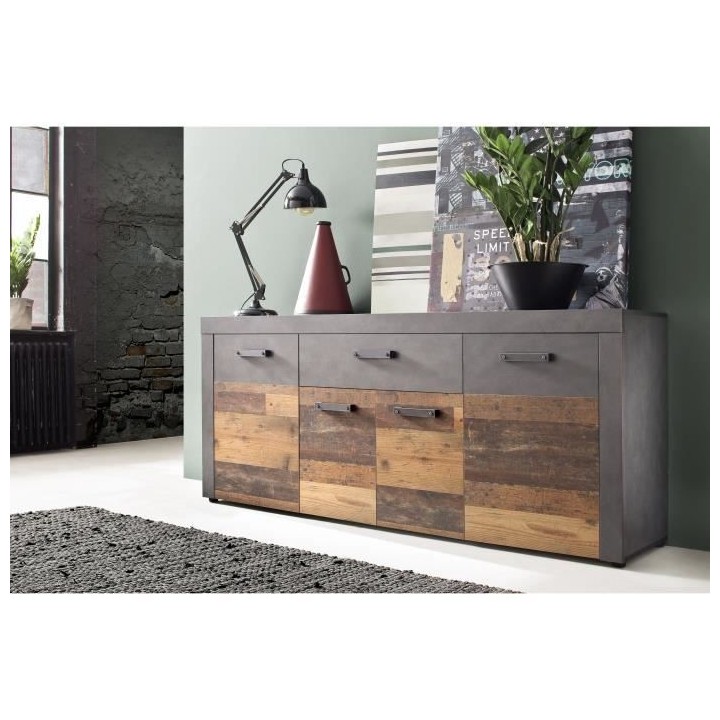 Buffet bas INDY 4 Portes et 1 Tiroir - Mélaminé bois vieilli et gris