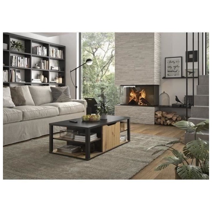 GAMI Table basse bar- Décor Noir et chene Artisan - L 110 x H 38 x P