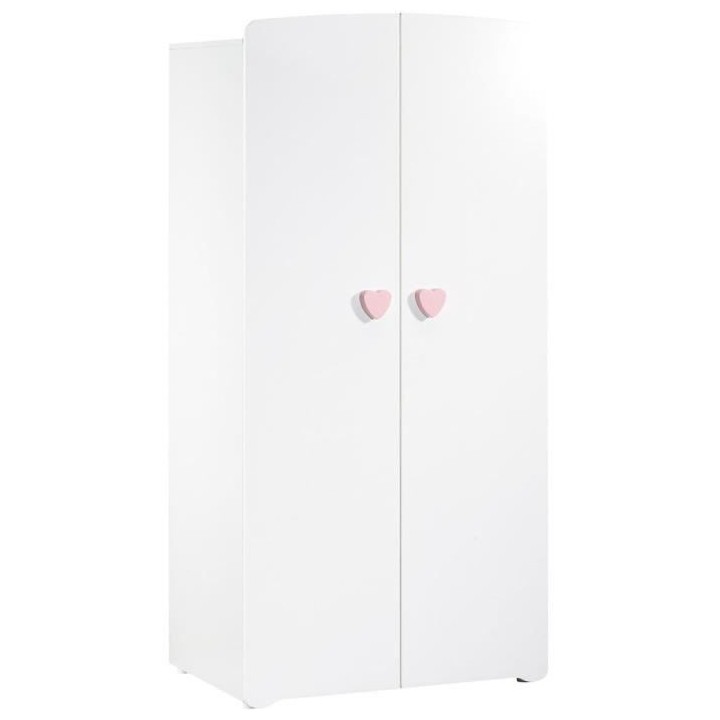 Armoire bébé Basic - MDF - Blanc - 2 portes - Bouton coeur rose - 85