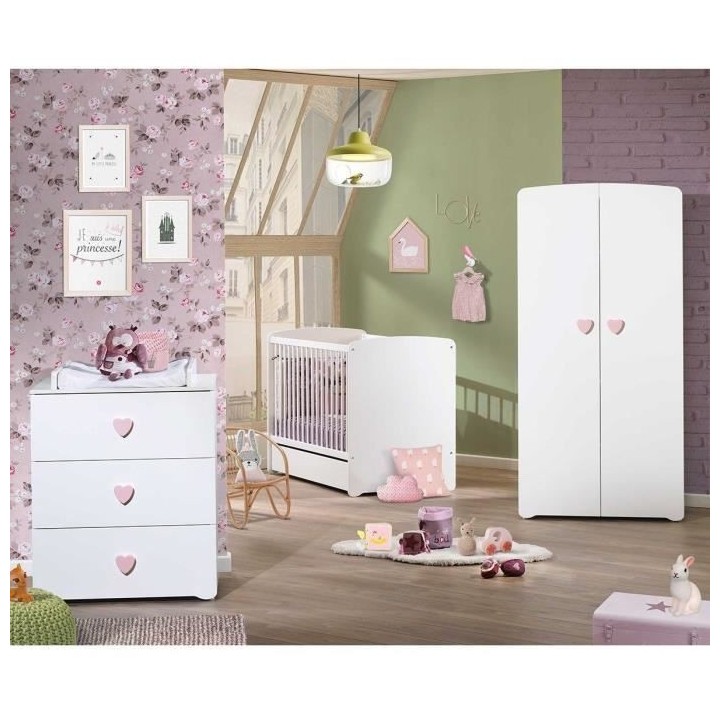 Armoire bébé Basic - MDF - Blanc - 2 portes - Bouton coeur rose - 85