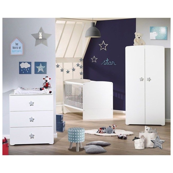 Armoire bébé Basic - Blanche - Boutons étoiles grises - 2 portes -