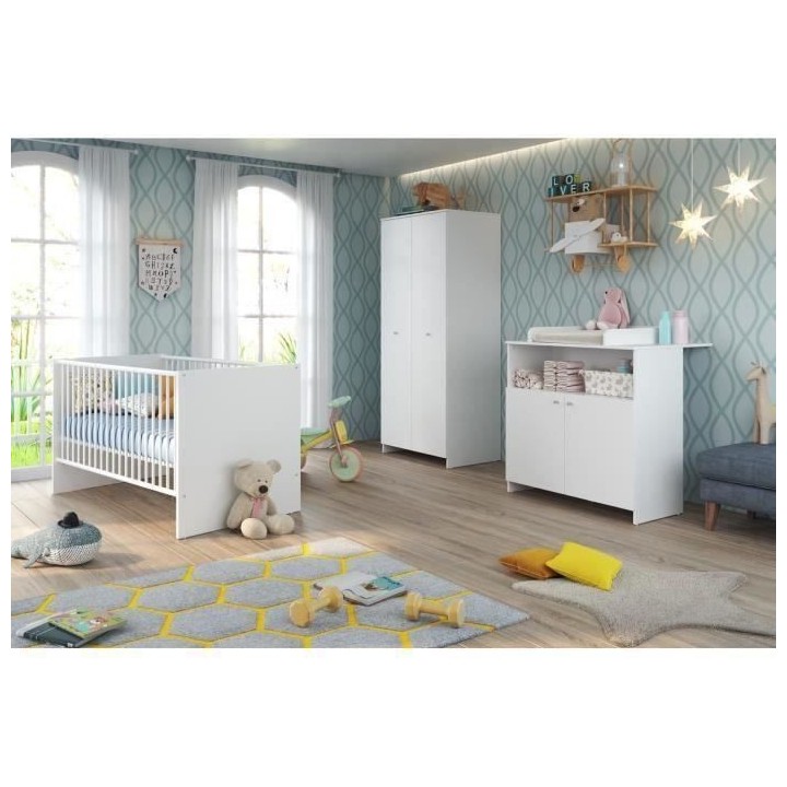 Chambre bébé Trio : Lit 70 x 140 cm + Commode a langer + Armoire NIK