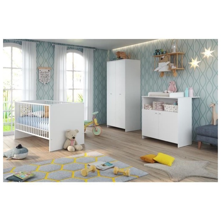 Chambre bébé Trio : Lit 70 x 140 cm + Commode a langer + Armoire NIK