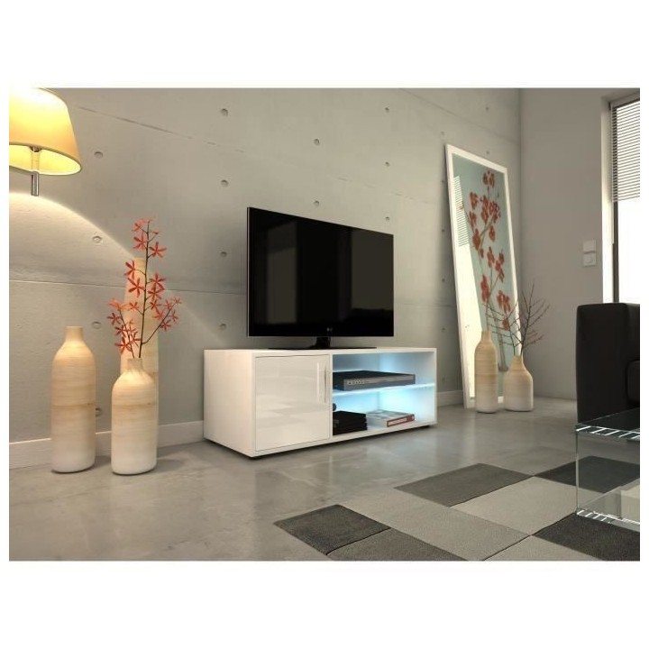KORA Meuble TV avec éclairage LED - Contemporain - llaqué blanc - L