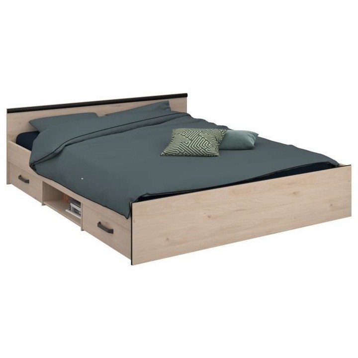 ZODIAC Lit adulte avec rangements - 160x200 cm - Décor chene et noir