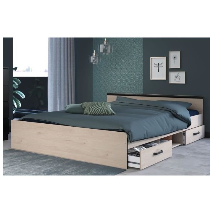 ZODIAC Lit adulte avec rangements - 160x200 cm - Décor chene et noir