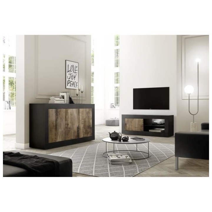 Meuble TV Style Vintage BASICO 1 Porte - Décor Chene Pero et Noir mat