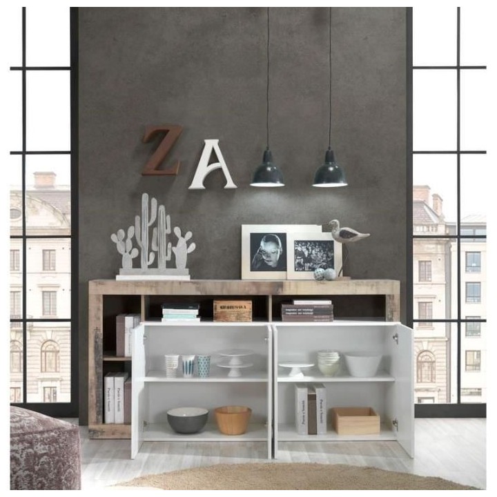 Buffet MAESTRO - Panneaux de particules - Effet Bois Vintage et blanc