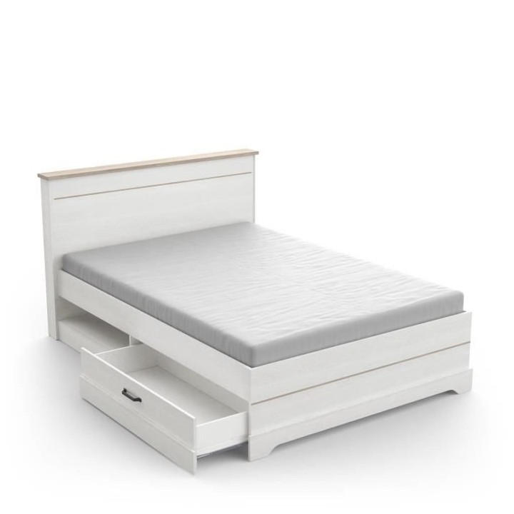 Lit adulte COTTAGE 140x190/200 cm - Mélamine blanc et décor chene Kr