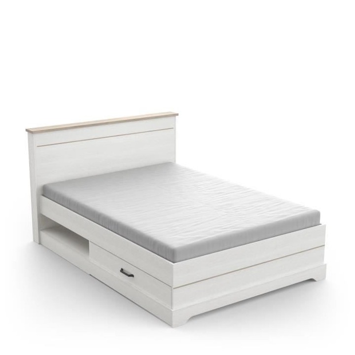 Lit adulte COTTAGE 140x190/200 cm - Mélamine blanc et décor chene Kr