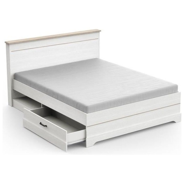 Lit adulte COTTAGE 160x200 cm - Mélamine blanc et décor chene Kronbe