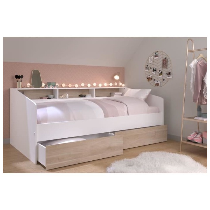 Lit banquette 2 tiroirs 90 x 200/190 cm - MDF - Mat décor chene et bl