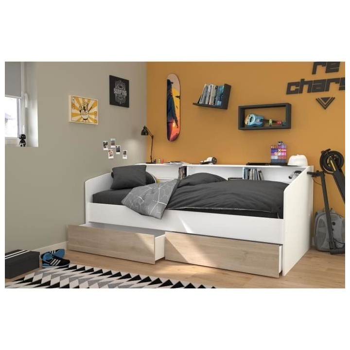 Lit banquette 2 tiroirs 90 x 200/190 cm - MDF - Mat décor chene et bl