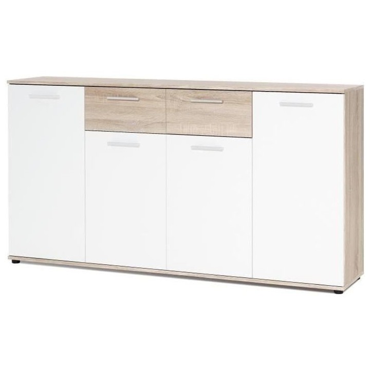JACKY Buffet bas classique blanc et décor chene mat - L 160 cm