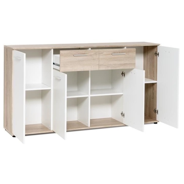 JACKY Buffet bas classique blanc et décor chene mat - L 160 cm
