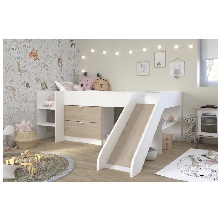 PARISOT SLIDE - Lit toboggan enfant - Décor Blanc et Chene Jackson -