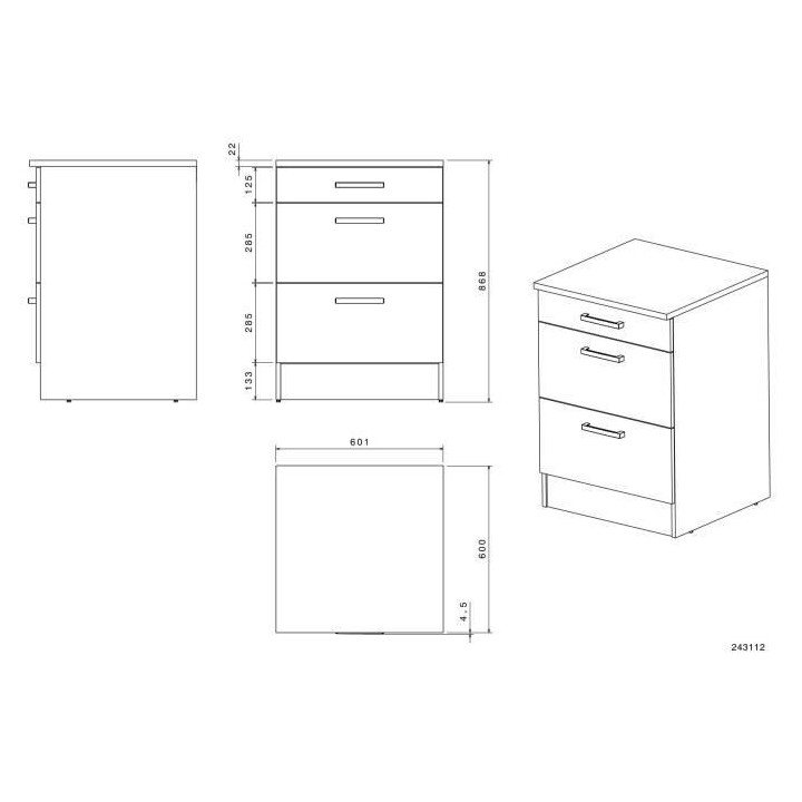 OSLO Meuble Bas 3 tiroirs + plan - Décor blanc - L 60 x P 60 x H 86 c