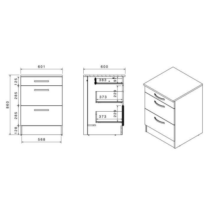 OSLO Meuble Bas 3 tiroirs + plan - Décor blanc - L 60 x P 60 x H 86 c