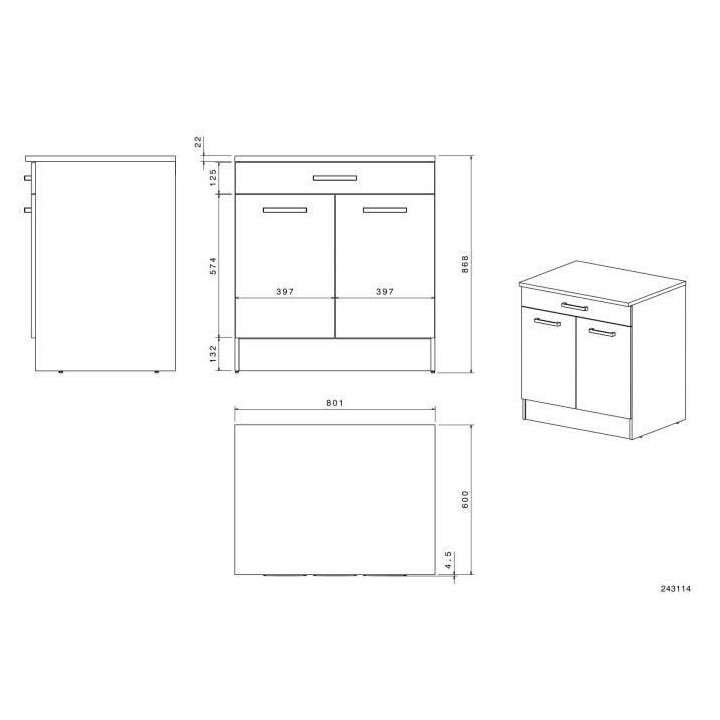OSLO Meuble Bas 2 portes + 2 tiroirs + plan - Blanc - L 80 x P 60 x H