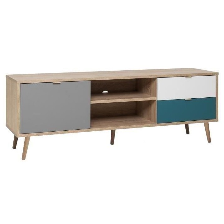 Meuble TV scandinave CUBA - Décor chene, gris, blanc et bleu pétrole