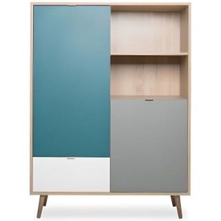 Buffet haut - Chene Sonoma, blanc, gris et bleu - Style scandinave - C