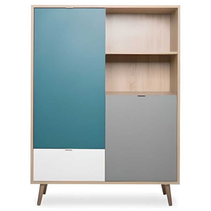 Buffet haut - Chene Sonoma, blanc, gris et bleu - Style scandinave - C