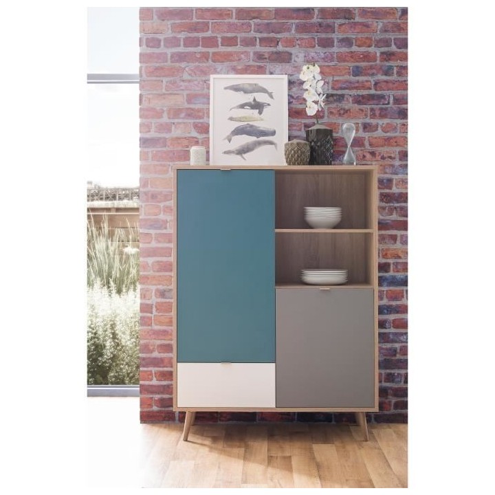 Buffet haut - Chene Sonoma, blanc, gris et bleu - Style scandinave - C