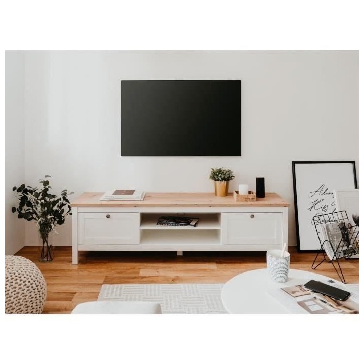 Meuble TV 2 tiroirs - Décor chene artisan et blanc - L 160 x P 45 x H