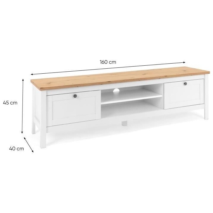Meuble TV 2 tiroirs - Décor chene artisan et blanc - L 160 x P 45 x H