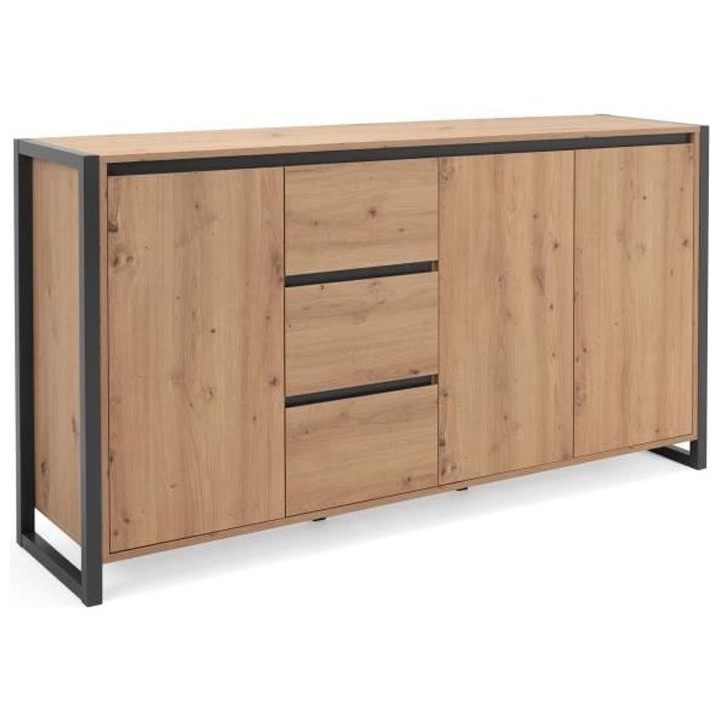 DENVER Buffet 3 portes 3 tiroirs - Décor chene artisan / Anthracite -