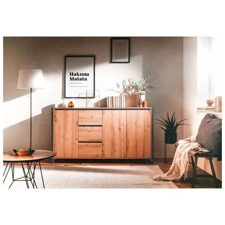 DENVER Buffet 3 portes 3 tiroirs - Décor chene artisan / Anthracite -