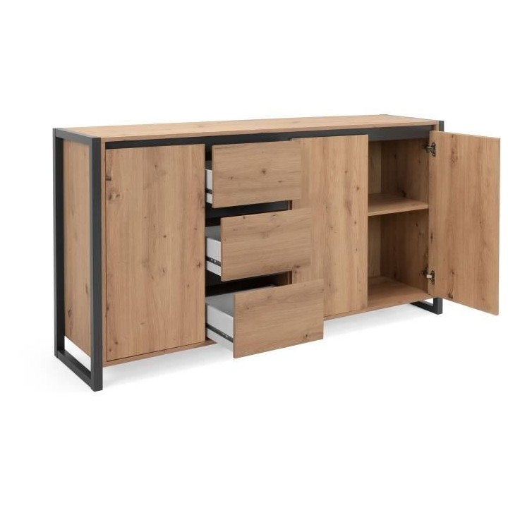 DENVER Buffet 3 portes 3 tiroirs - Décor chene artisan / Anthracite -