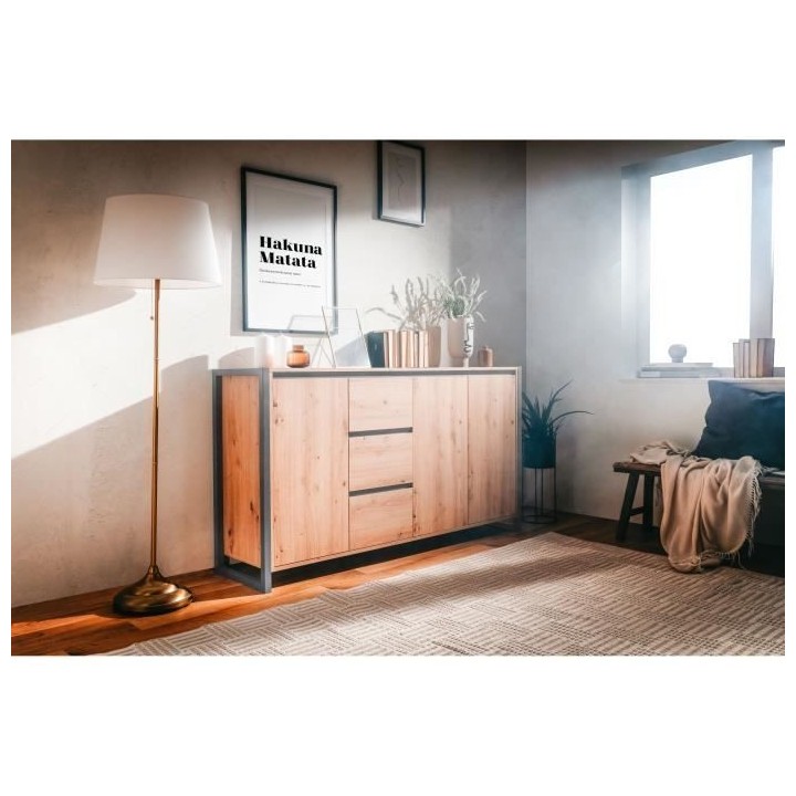 DENVER Buffet 3 portes 3 tiroirs - Décor chene artisan / Anthracite -