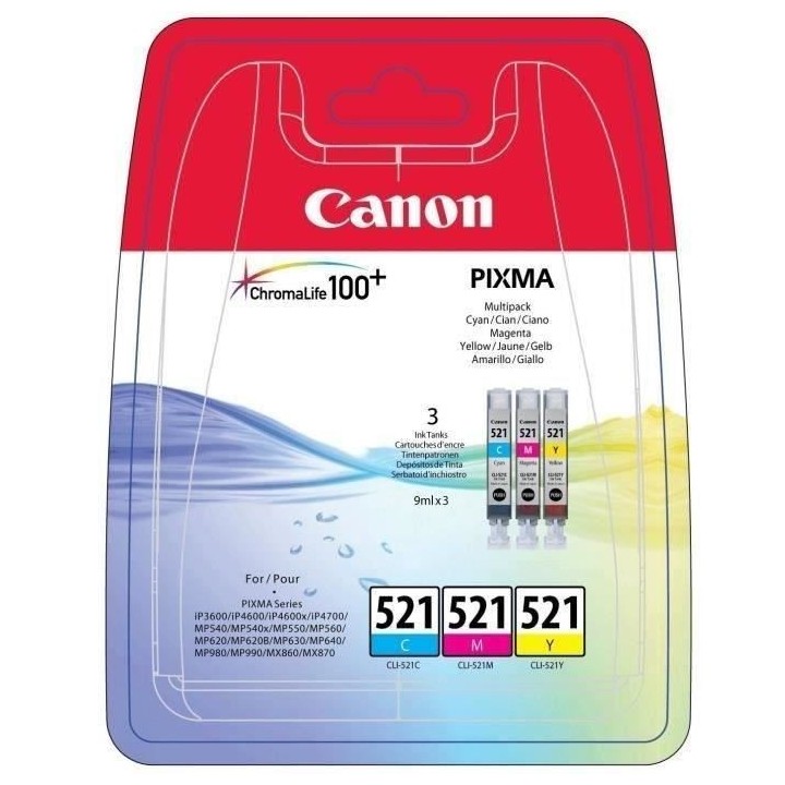 CANON Pack de 3 cartouches d'encre CLI-521 Cyan/Magenta/Jaune