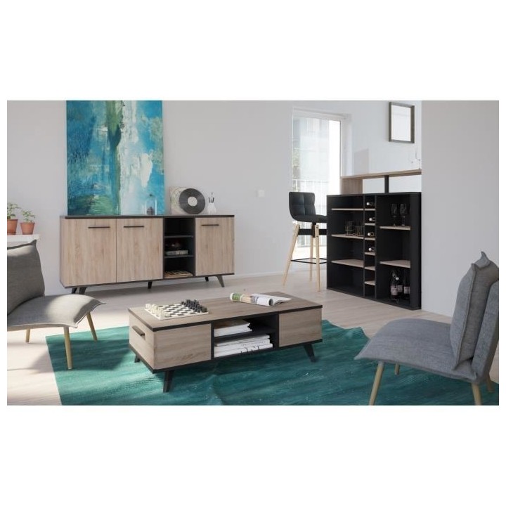 Buffet bas - Décor chene brossé et noir mat - Contemporain - WAYNE -