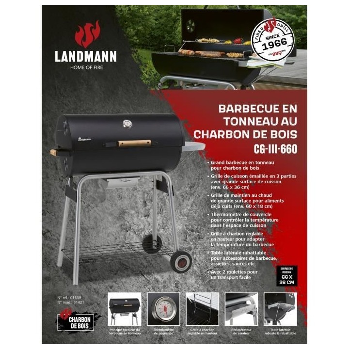 Landmann Black Taurus 660 barbecue tonneau charbon de bois