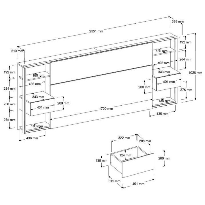 PARISOT Tete de Lit avec étageres + chevets intégrés - Décor blanc