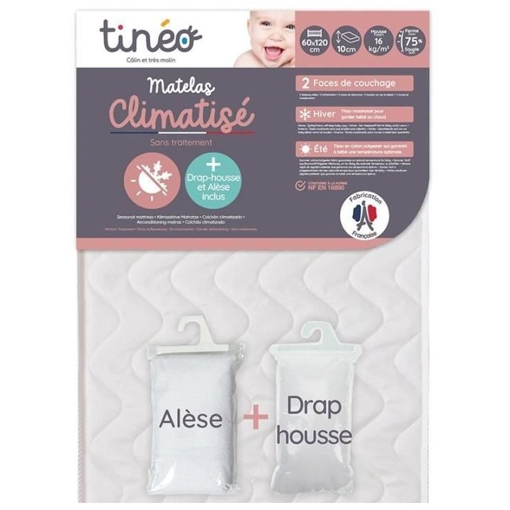 TINEO Matelas climatisé 60x120 cm + drap housse + alese (lot)
